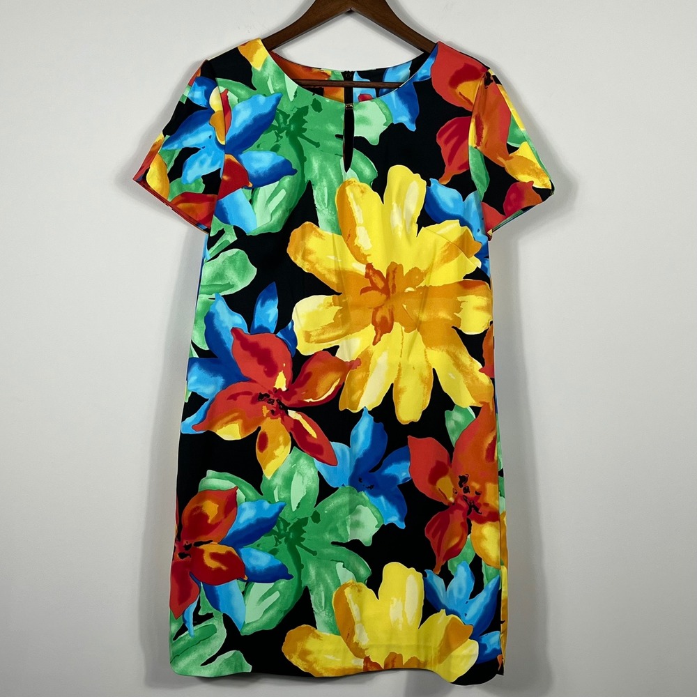 AGB Dress Womens 10 Floral Shift Dress Short Sleeve Keyhole Neck Colorful Summer